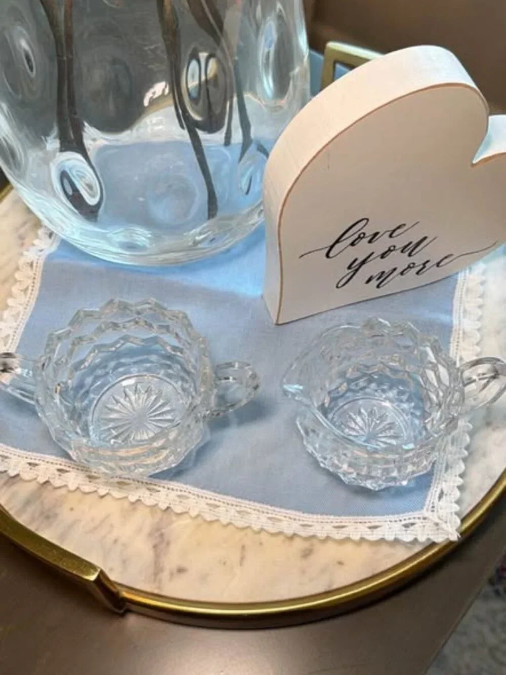 Vintage Diamond Cut Glass Creamer and Sugar Bowl Set